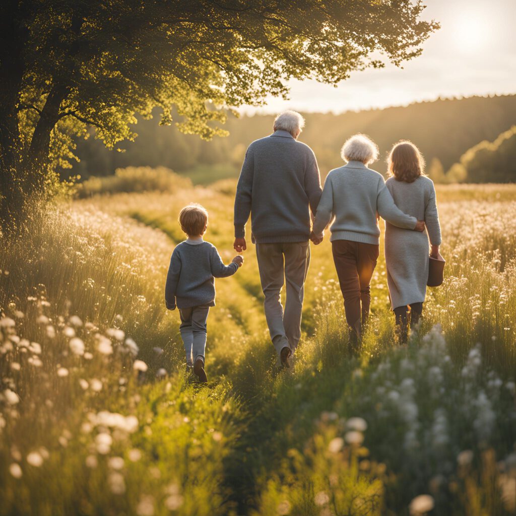 Mehrere Generationen laufen auf einer Wiese.