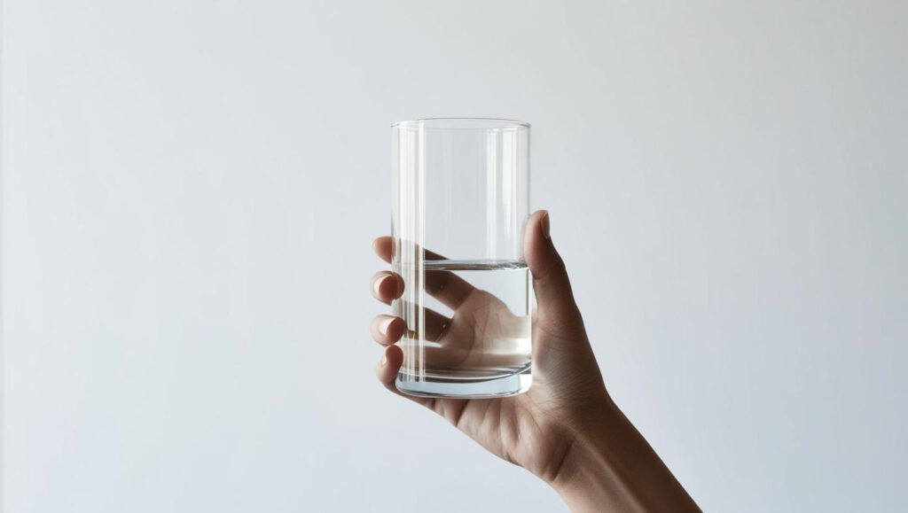 Eine Hand hält ein Glas Wasser