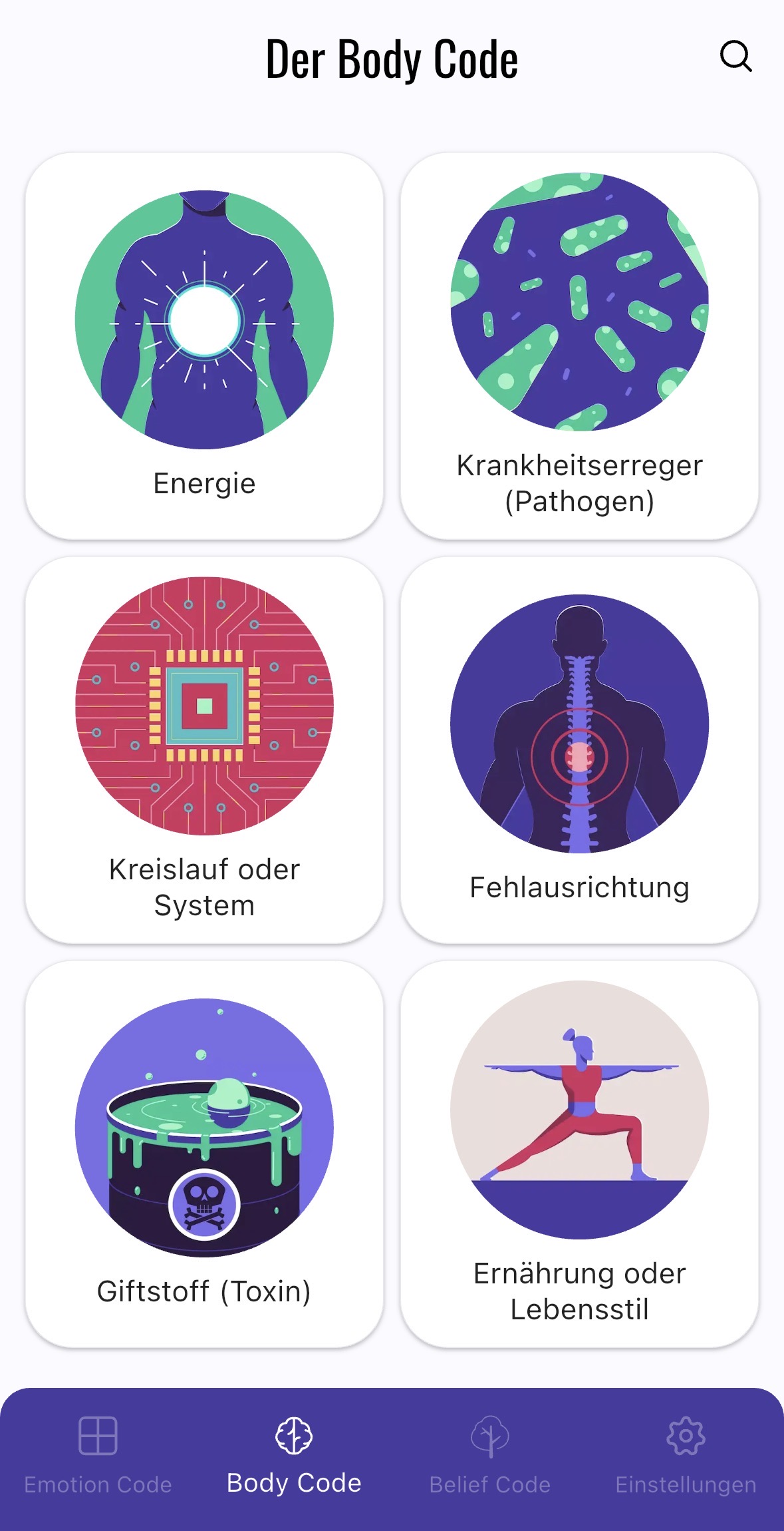 Blick in das Hauptmenü der Bodycode-App mit den 6 großen Kategorien