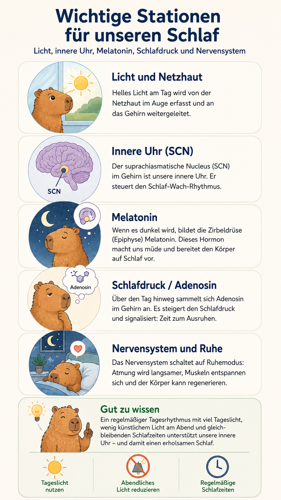 Mobile Infografik zu Licht und Netzhaut, innerer Uhr, Melatonin, Adenosin-Schlafdruck sowie Nervensystem und Ruhe