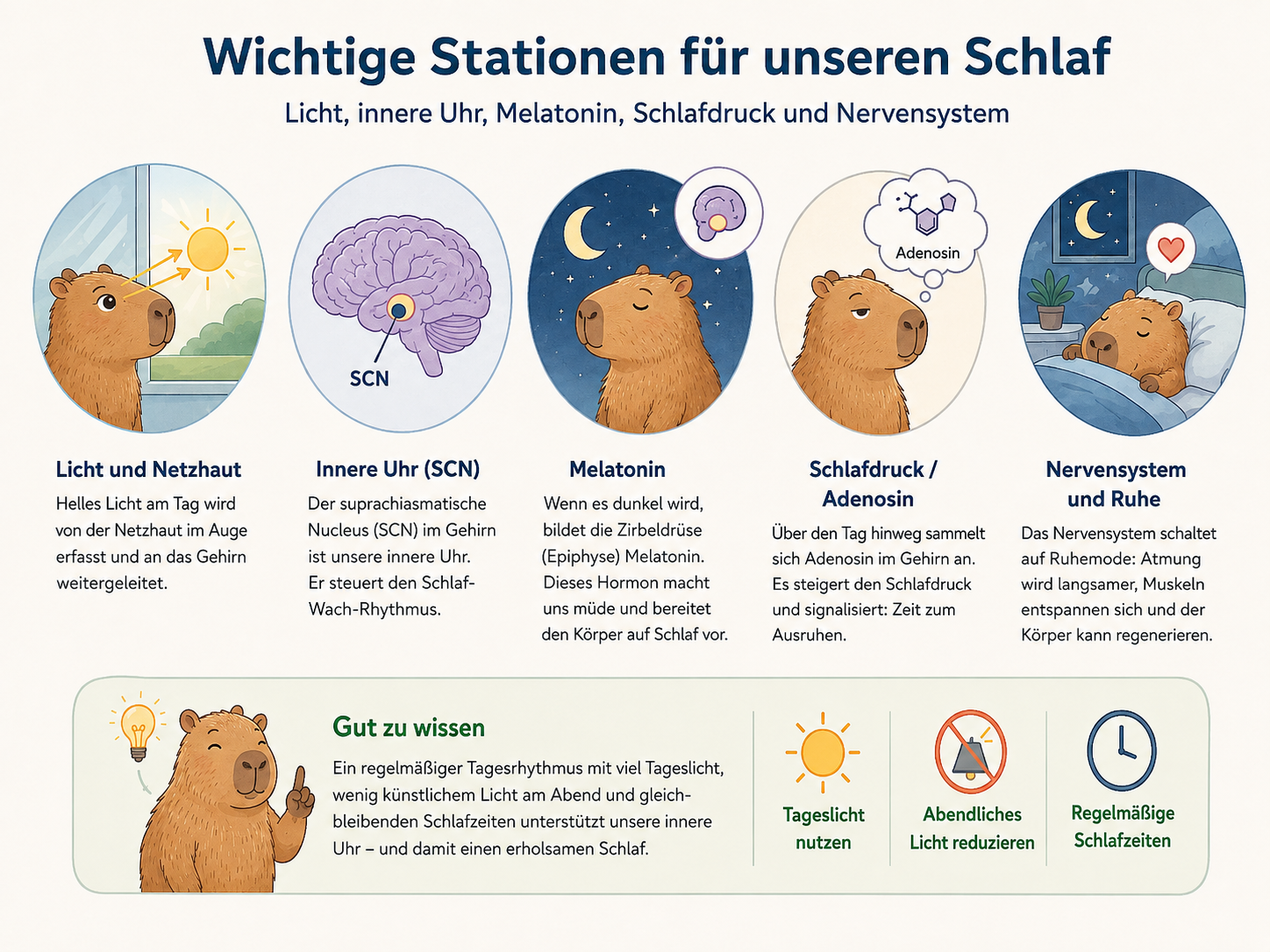 Infografik zu Licht und Netzhaut, innerer Uhr, Melatonin, Adenosin-Schlafdruck sowie Nervensystem und Ruhe