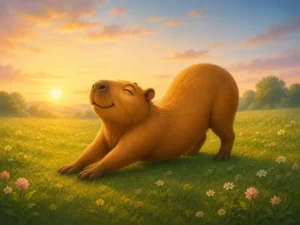 Ausgeschlafenes Capybara streckt sich bei Sonnenaufgang auf einer Wiese