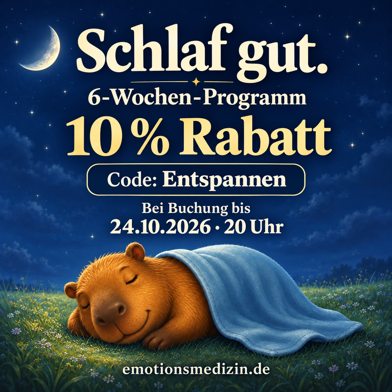 Schlaf gut. – 6-Wochen-Programm: 10 % Rabatt mit Code Entspannen bei Buchung bis 24.10.2026 um 20 Uhr. Schlafendes Capybara unter einer blauen Decke bei Mondschein.